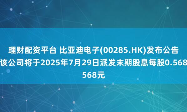 理财配资平台 比亚迪电子(00285.HK)发布公告，该公司将于2025年7月29日派发末期股息每股0.568元